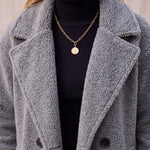 Women's Grey Longline Double-Breasted Teddy Coat, close-up of the upper body.