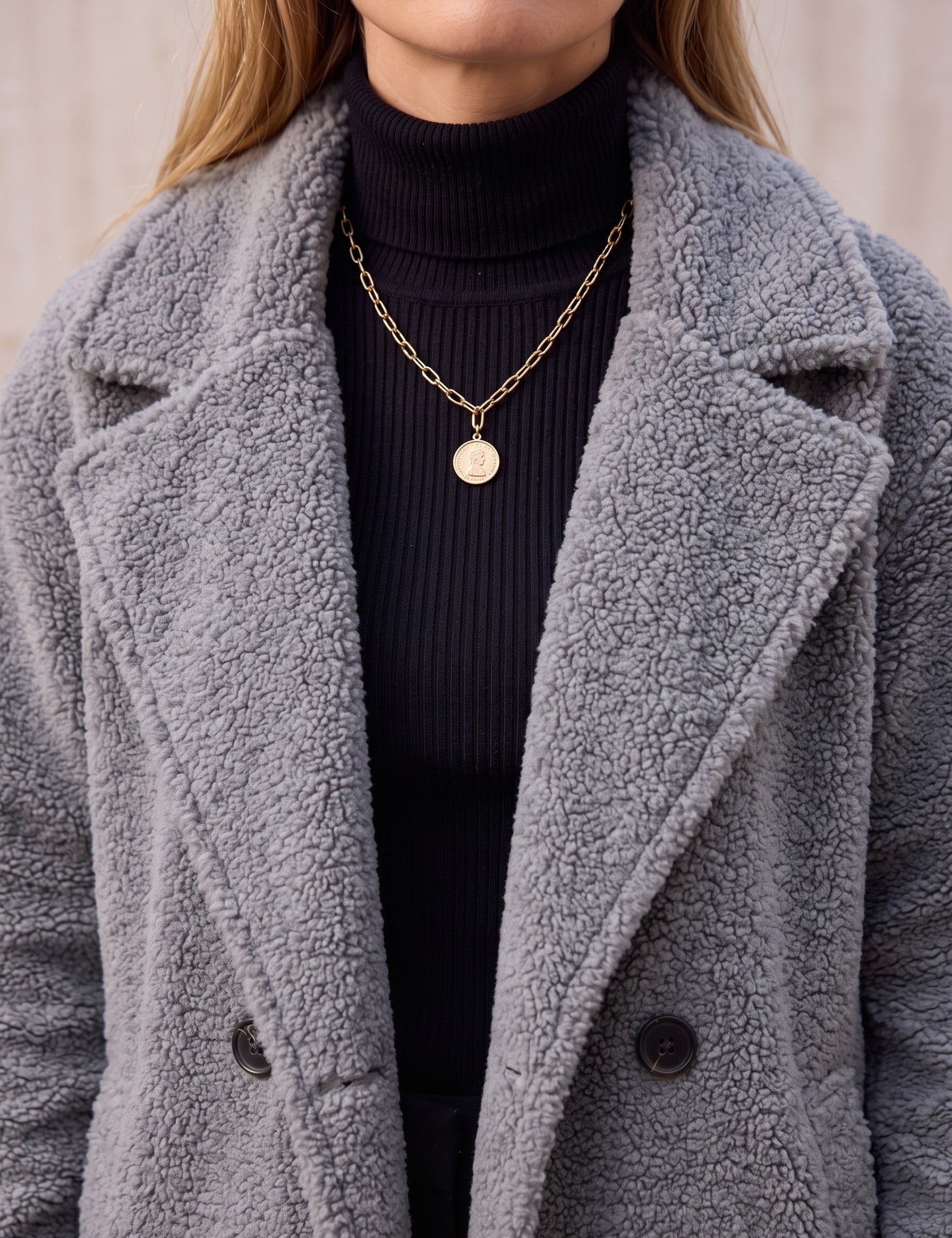 Women's Grey Longline Double-Breasted Teddy Coat, close-up of the upper body.