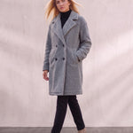 Women's Grey Longline Double-Breasted Teddy Coat, front view, full length.