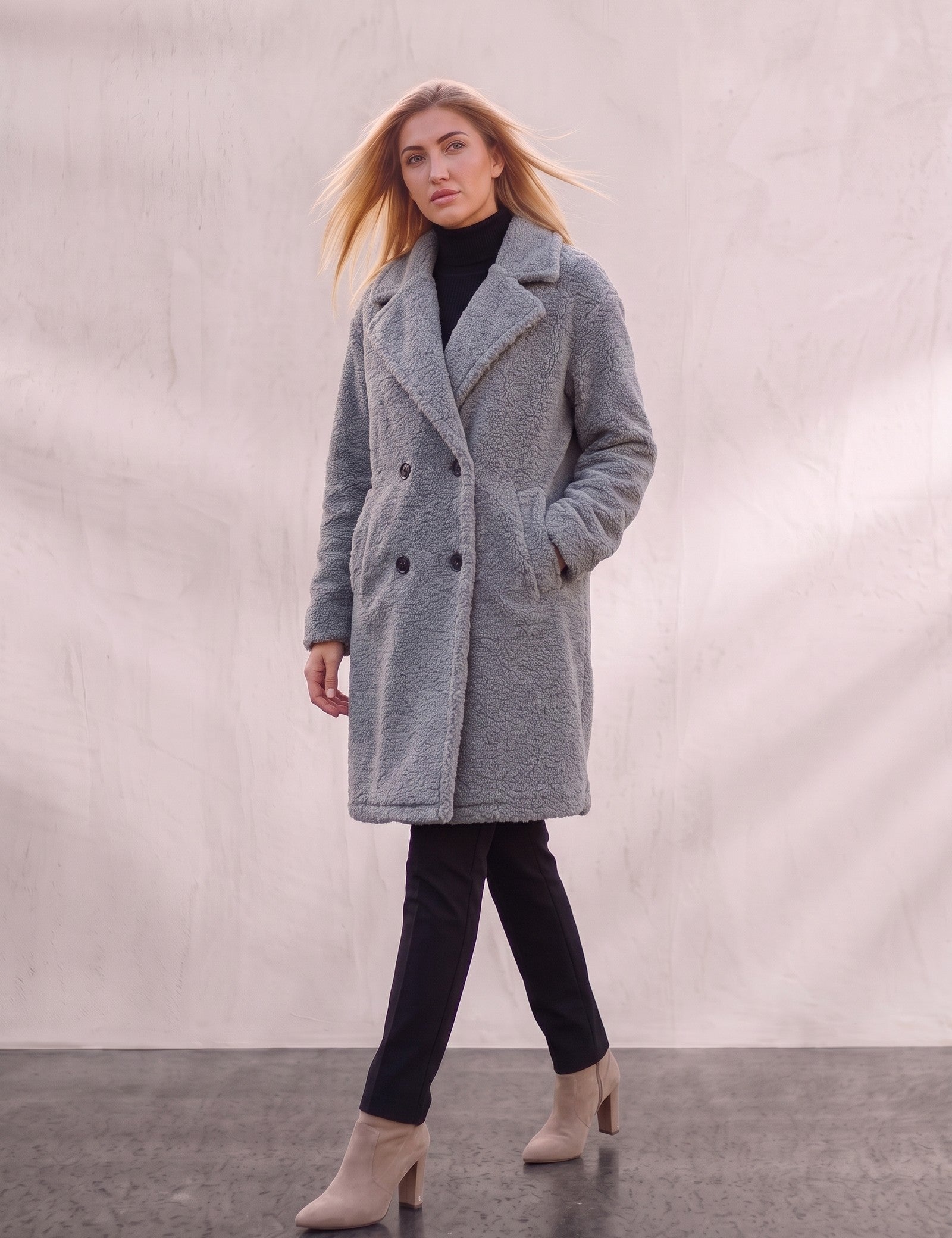 Women's Grey Longline Double-Breasted Teddy Coat, front view, full length.