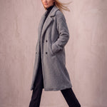 Women's Grey Longline Double-Breasted Teddy Coat, side view, full length.