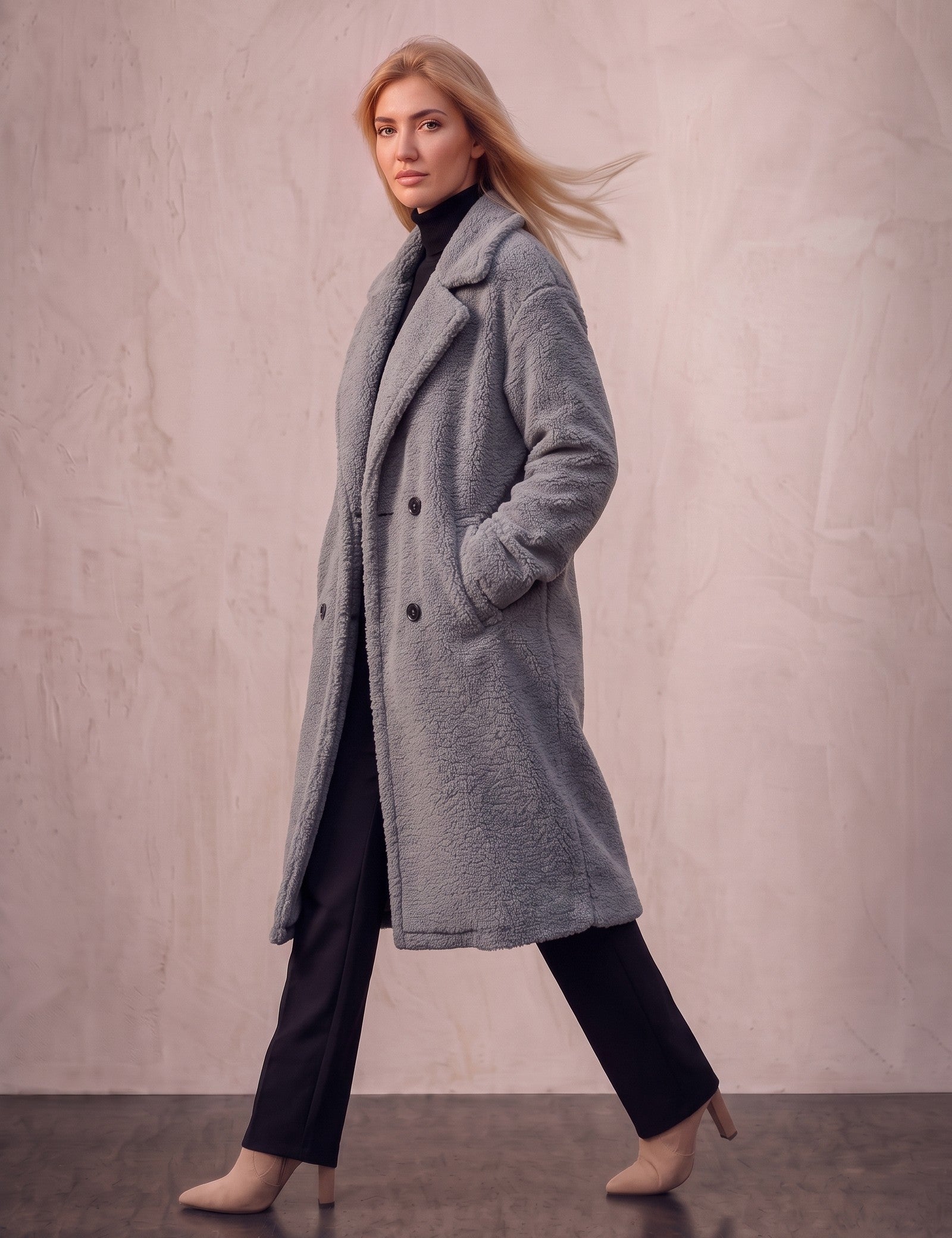 Women's Grey Longline Double-Breasted Teddy Coat, side view, full length.