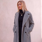Women's Grey Longline Double-Breasted Teddy Coat, three-quarter view from the right, full length.