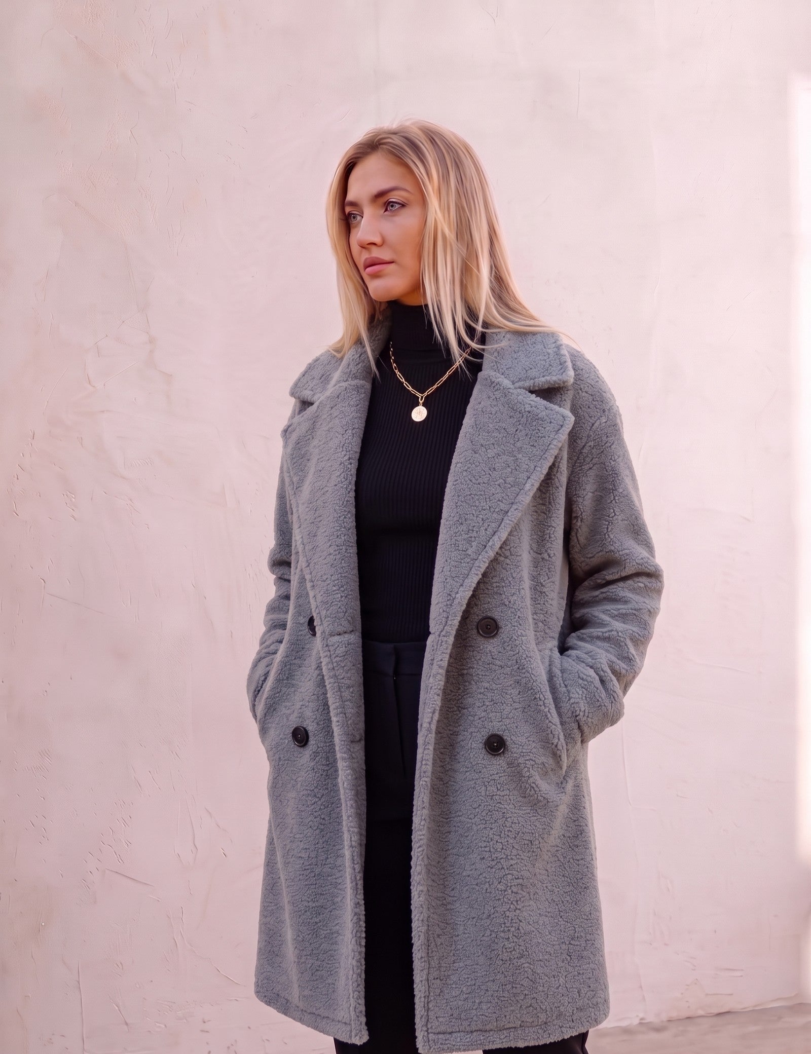 Women's Grey Longline Double-Breasted Teddy Coat, three-quarter view from the right, full length.