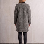 Women's Grey Longline Teddy Coat with Patch Pockets, back view, full length.
