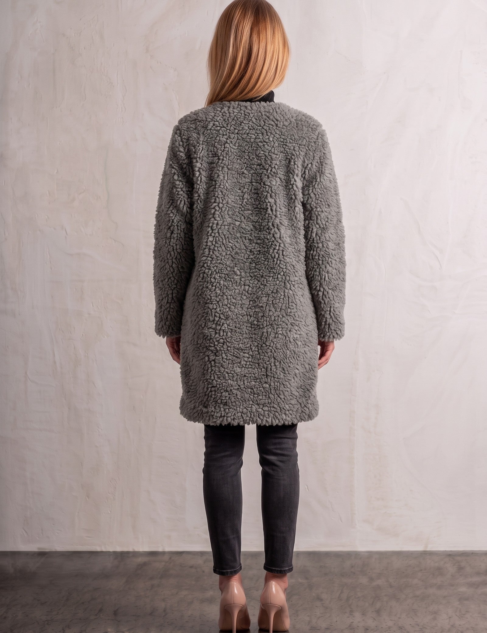 Women's Grey Longline Teddy Coat with Patch Pockets, back view, full length.