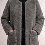 Women's Grey Longline Teddy Coat with Patch Pockets, close-up of the upper body.