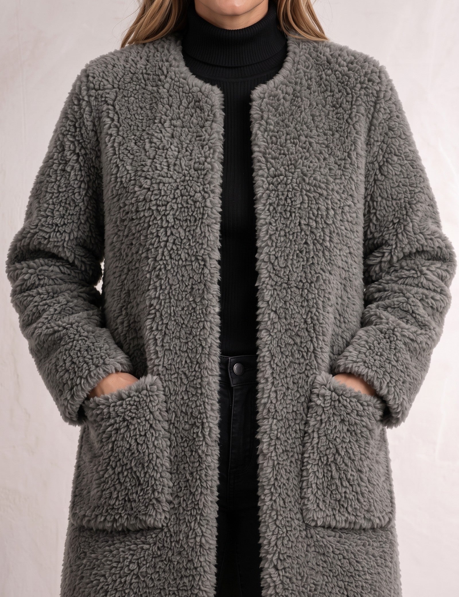 Women's Grey Longline Teddy Coat with Patch Pockets, close-up of the upper body.