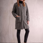Women's Grey Longline Teddy Coat with Patch Pockets, front view, full length.