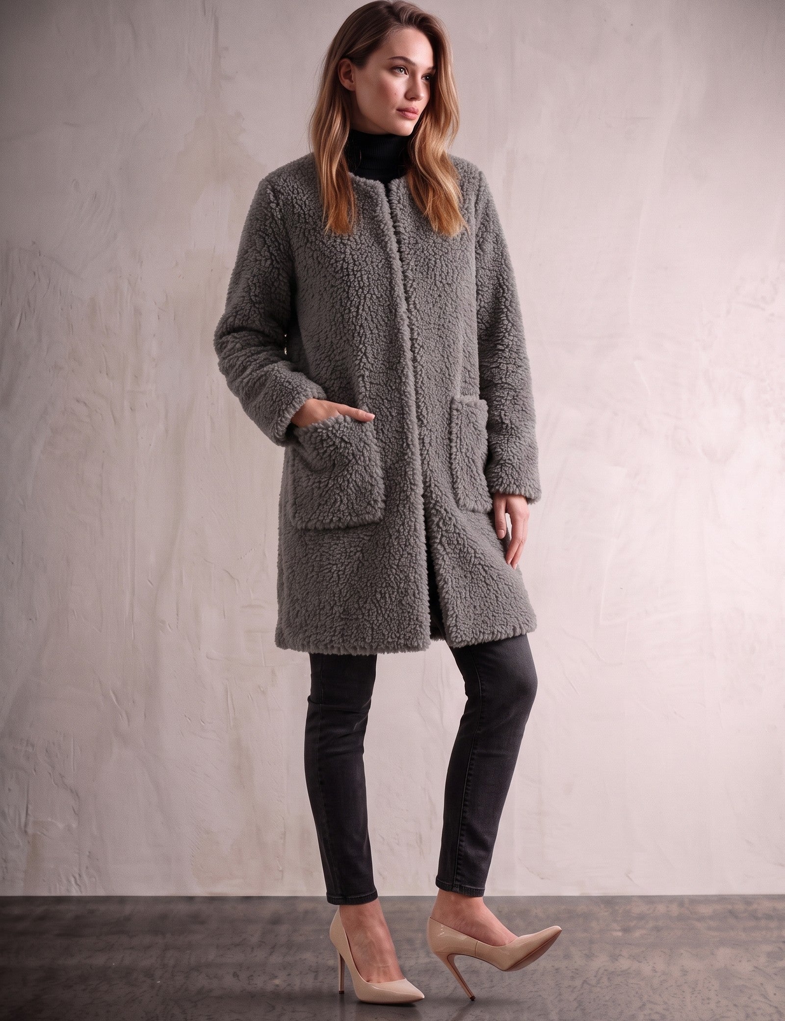 Women's Grey Longline Teddy Coat with Patch Pockets, front view, full length.