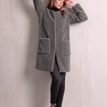 Women's Grey Longline Teddy Coat with Patch Pockets, front view, full length.