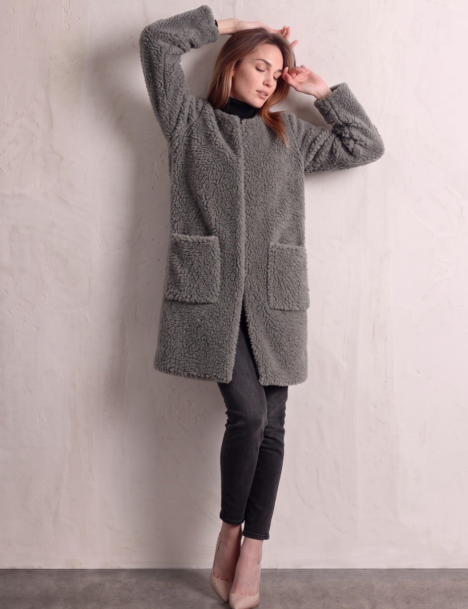 Women's Grey Longline Teddy Coat with Patch Pockets, front view, full length.