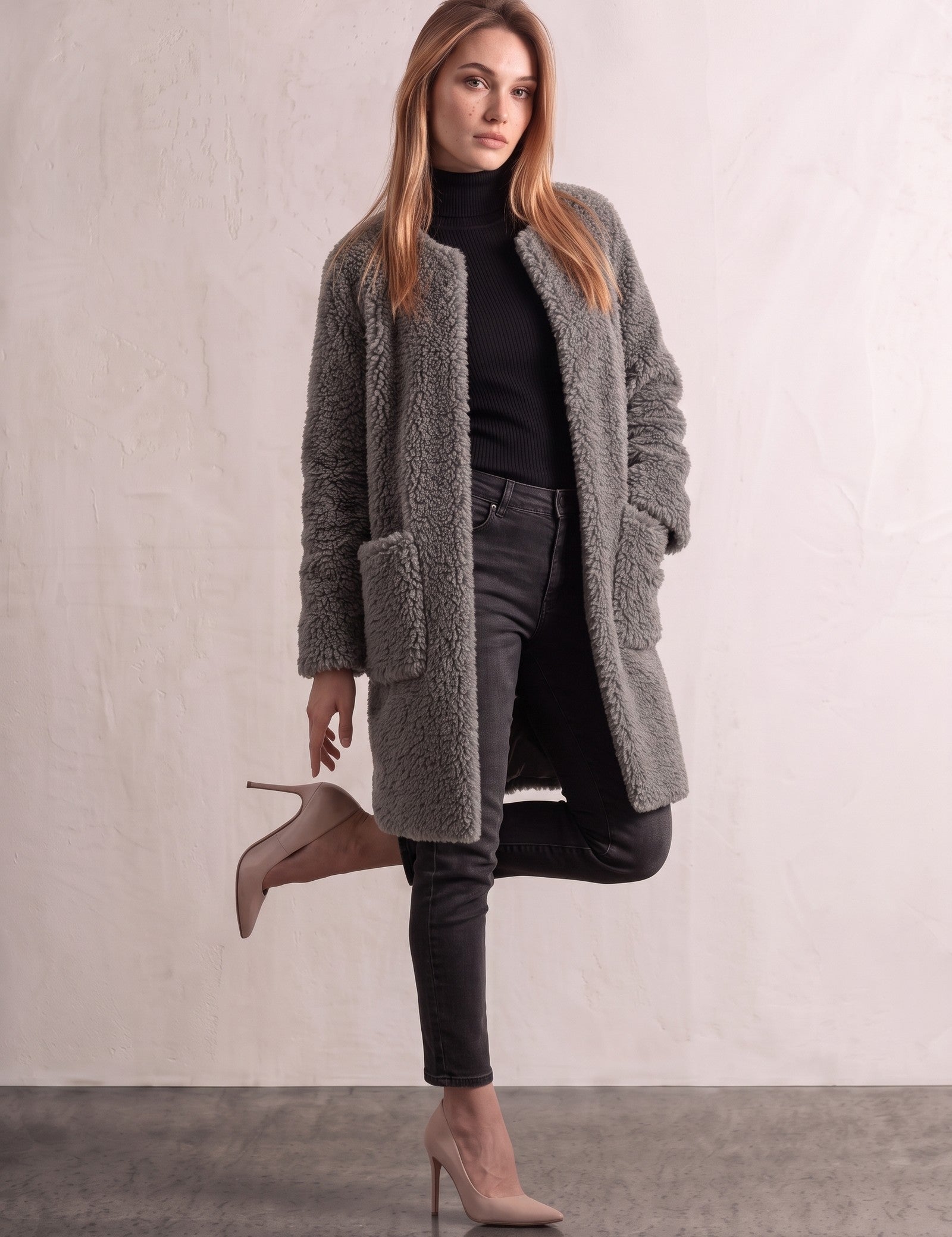 Women's Grey Longline Teddy Coat with Patch Pockets, three-quarter view from the left, full length.