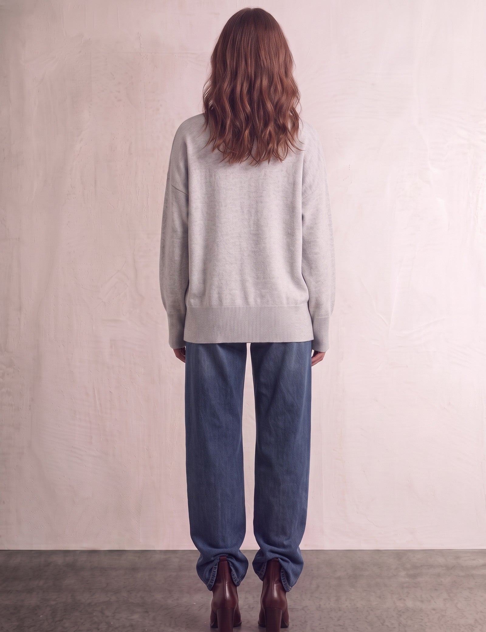 Women's Grey Oversized Crew Neck Jumper, back view, full length.