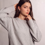 Women's Grey Oversized Crew Neck Jumper, close-up of the upper body.