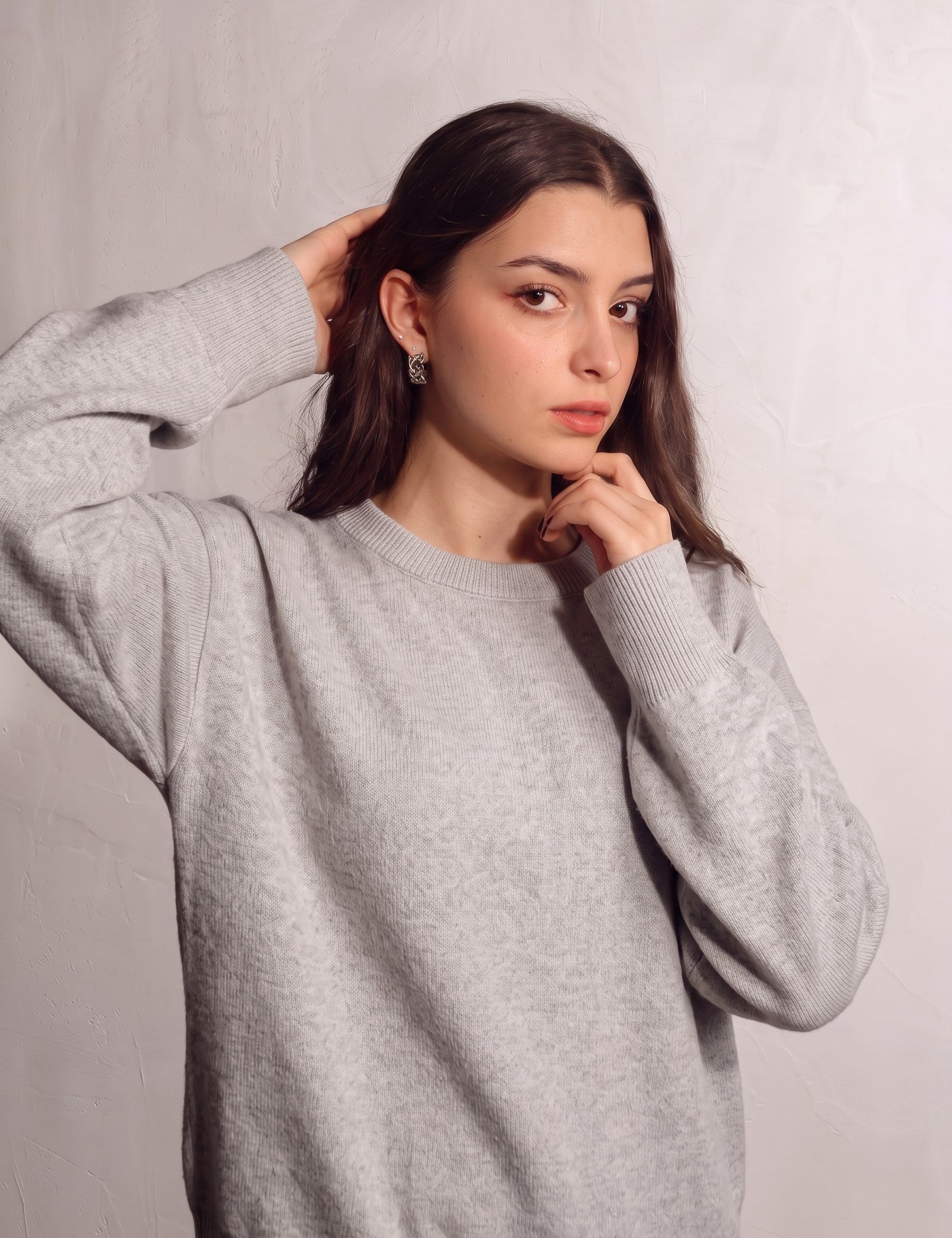 Women's Grey Oversized Crew Neck Jumper, close-up of the upper body.