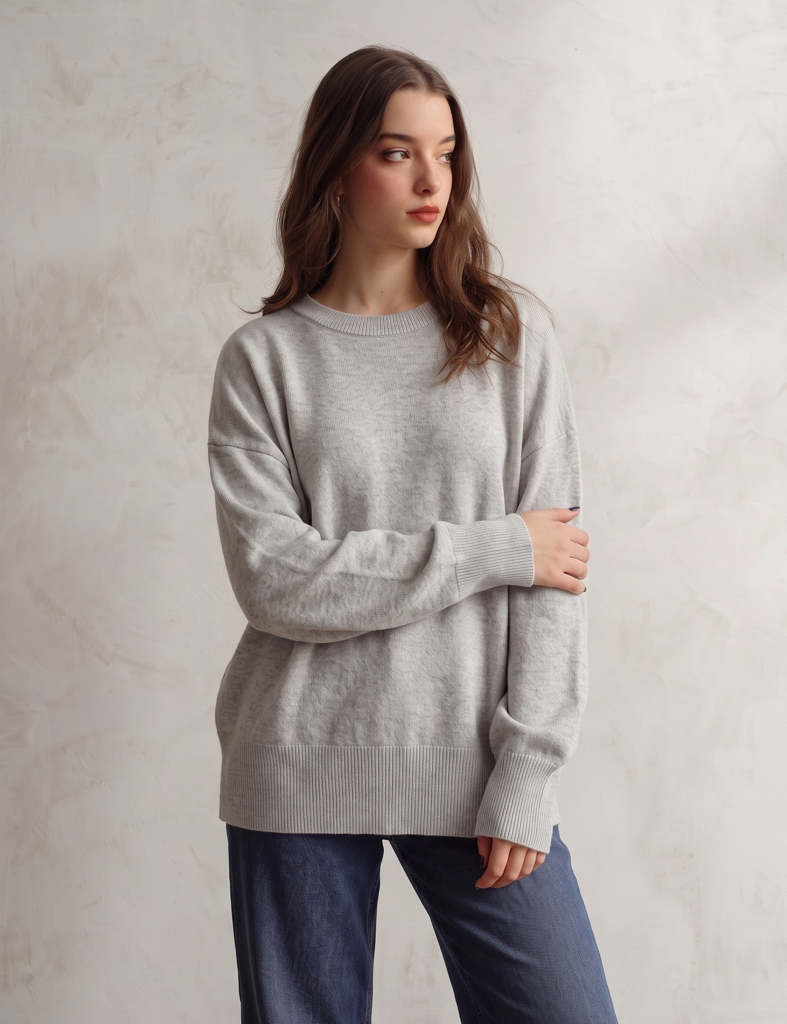 Women's Grey Oversized Crew Neck Jumper, front view, full length.