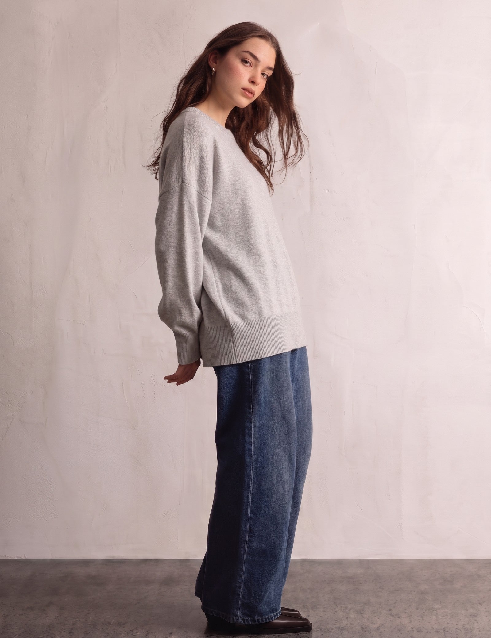 Women's Grey Oversized Crew Neck Jumper, side view, full length.