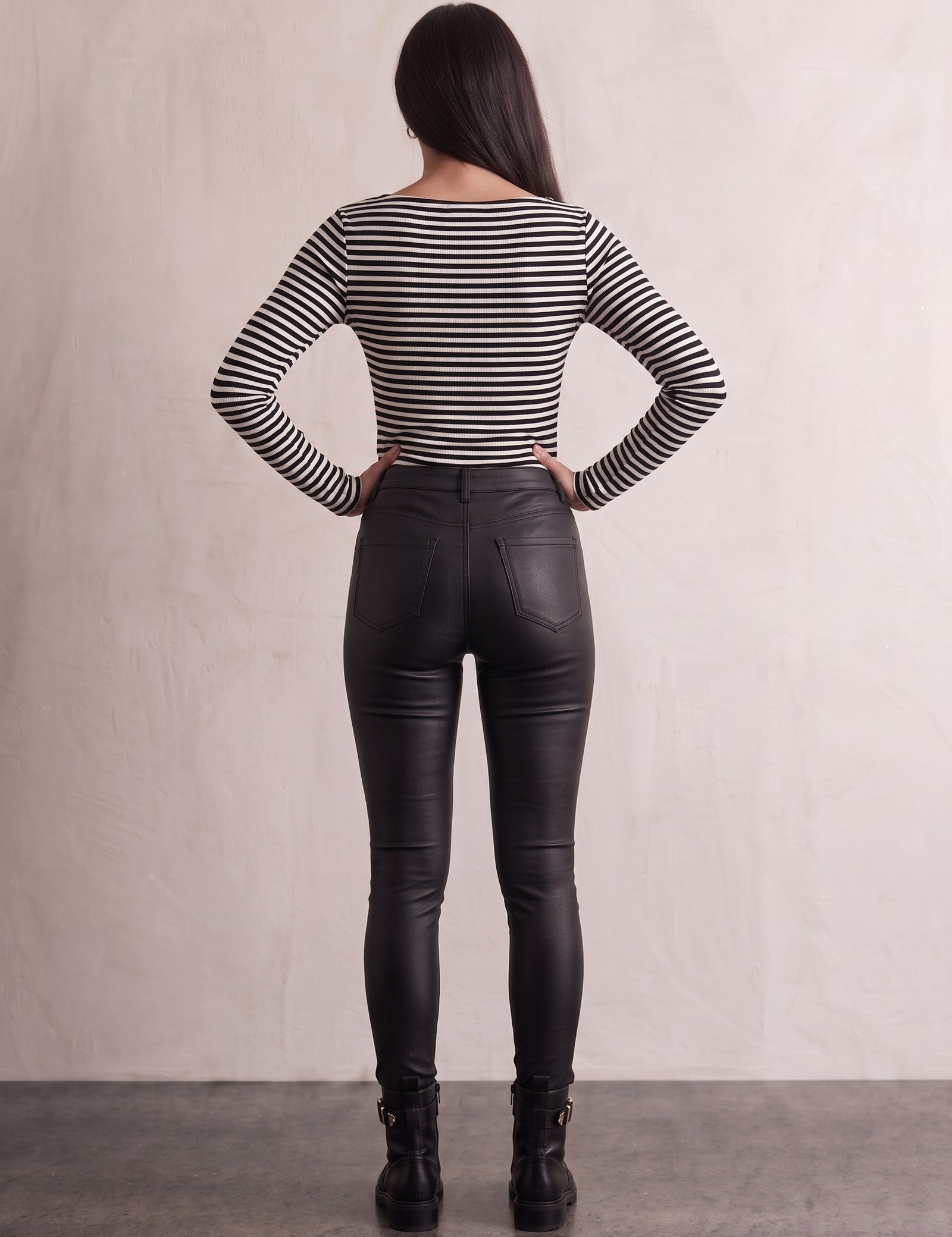 Women's High-Waisted Coated Faux Leather Skinny Jeans, back view, full length