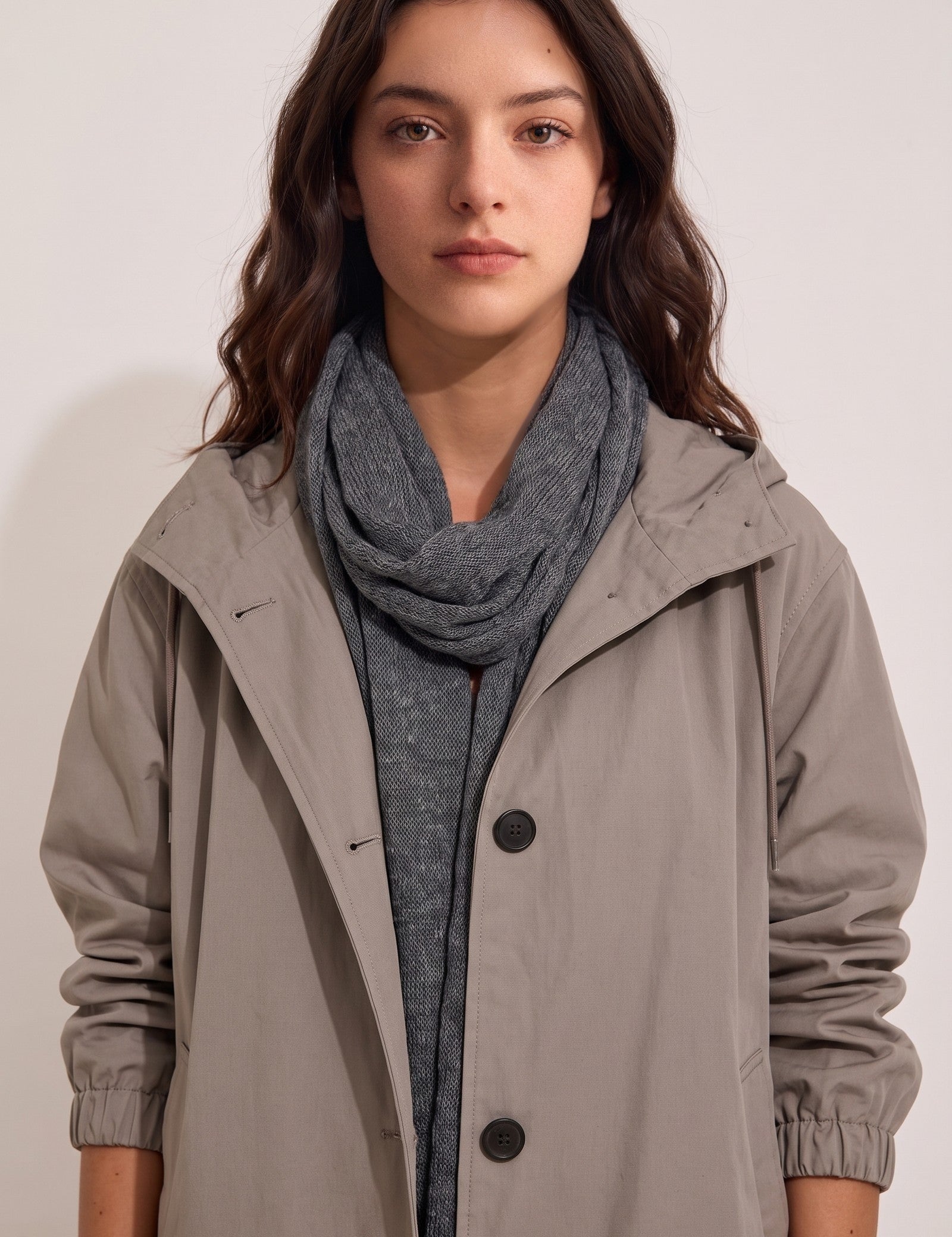 Women's Hooded Mid-Length Trench Coat, close-up of the upper body
