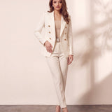 Women's Ivory Double-Breasted Blazer with Gold Buttons, front view, full length.