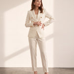 Women's Ivory Double-Breasted Blazer with Gold Buttons, side view, full length.