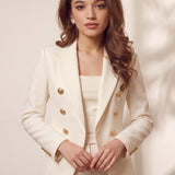 Women's Ivory Double-Breasted Blazer with Gold Buttons, three-quarter view from the left, full length.