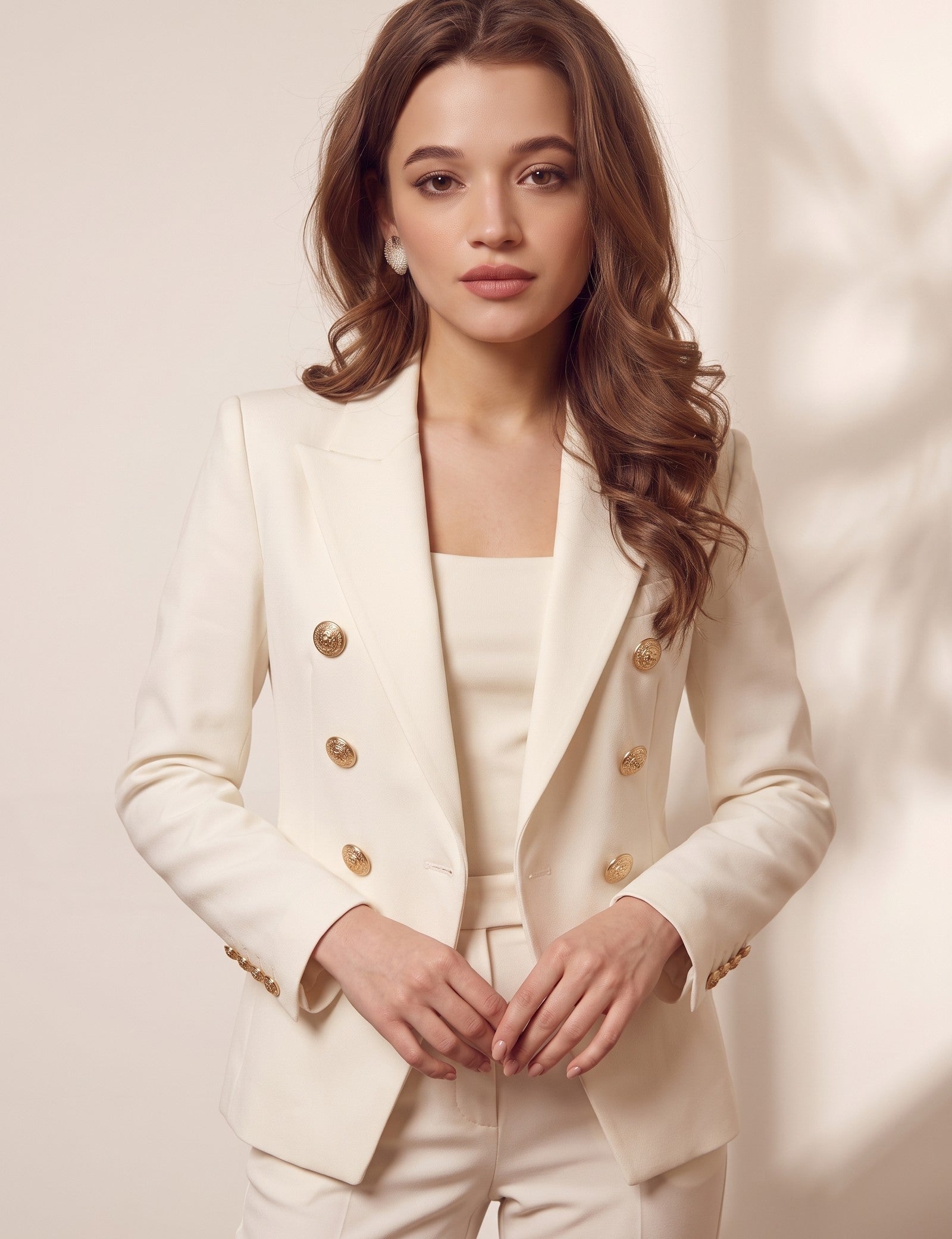 Women's Ivory Double-Breasted Blazer with Gold Buttons, three-quarter view from the left, full length.