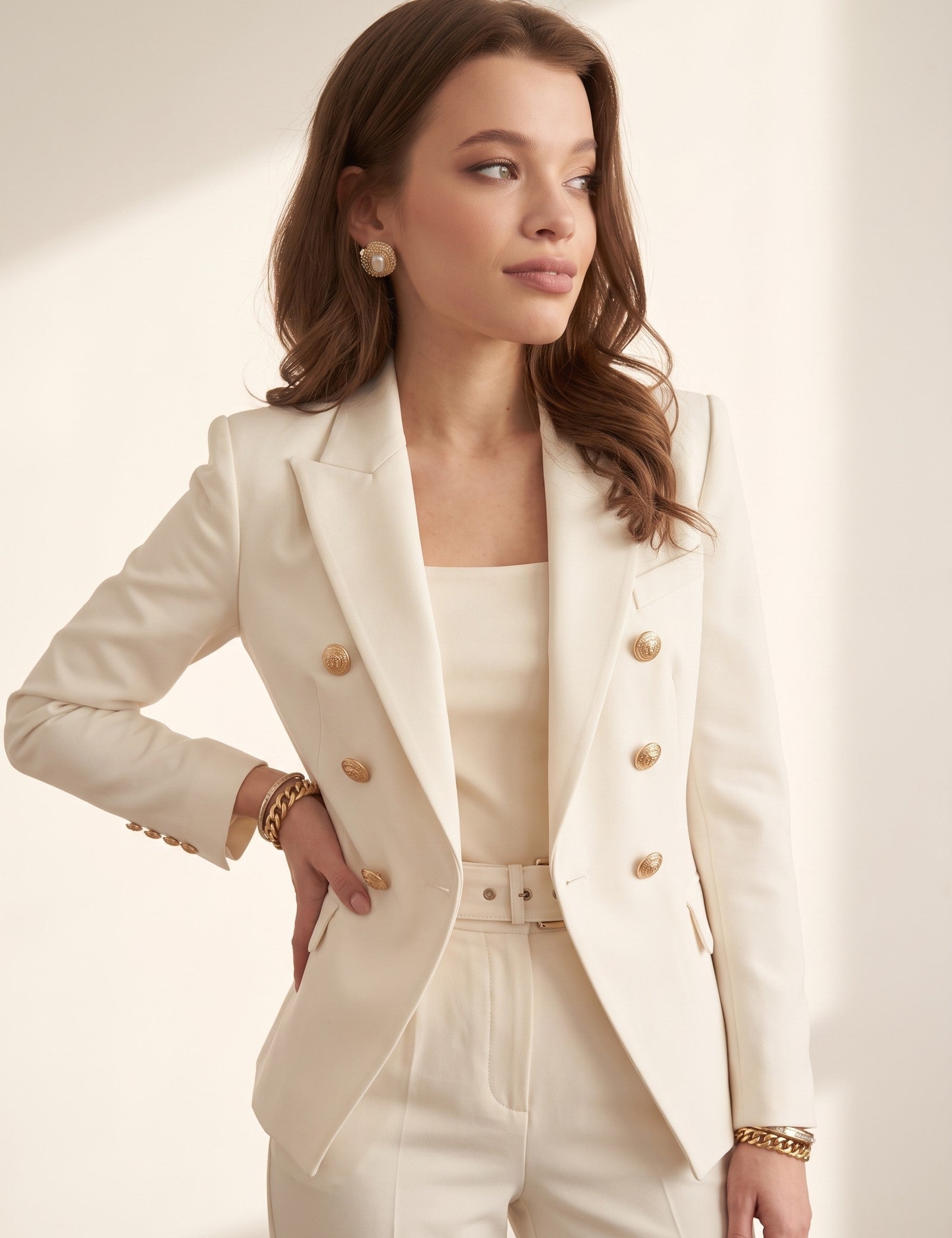 Women's Ivory Double-Breasted Blazer with Gold Buttons, three-quarter view from the right, full length.