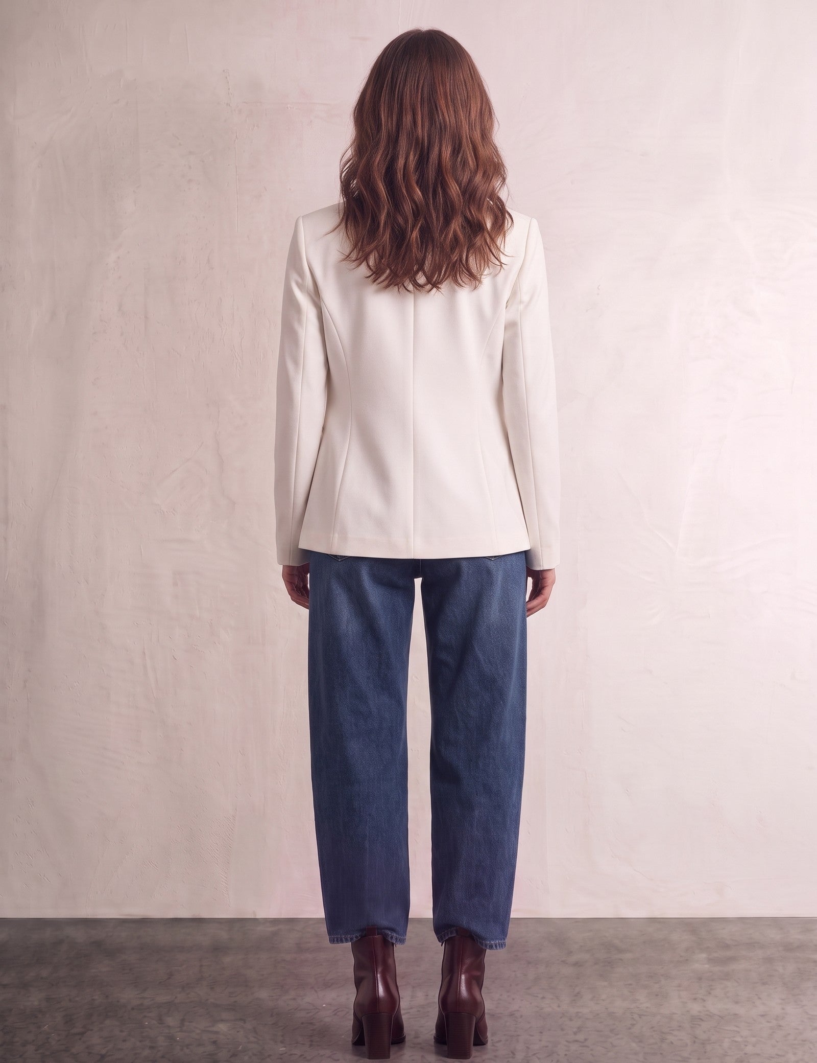 Women's Ivory Fitted Single-Button Stretch Blazer, back view, full length.