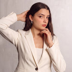 Women's Ivory Fitted Single-Button Stretch Blazer, close-up of the upper body.