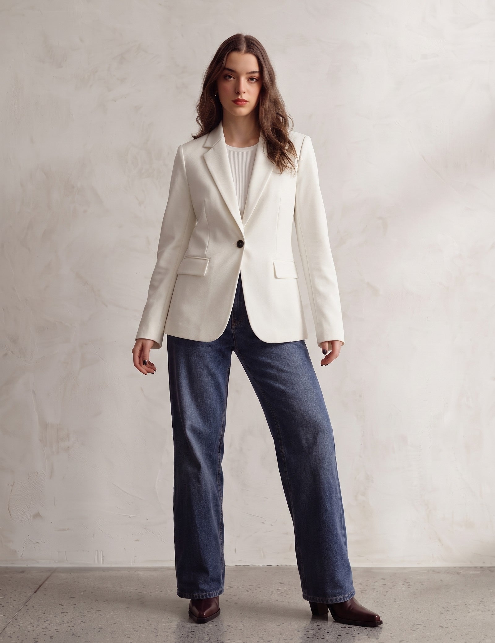 Women's Ivory Fitted Single-Button Stretch Blazer, front view, full length.