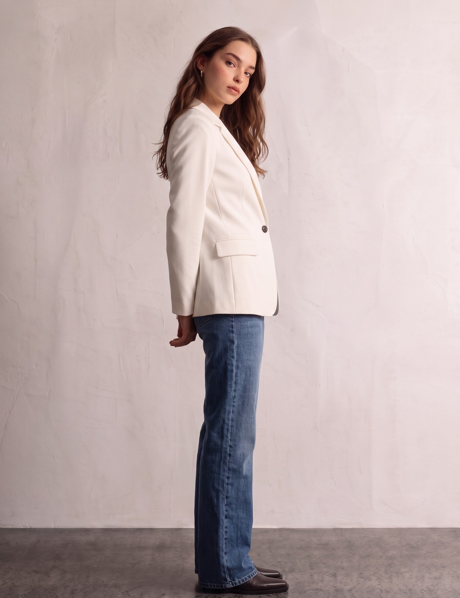 Women's Ivory Fitted Single-Button Stretch Blazer, side view, full length.