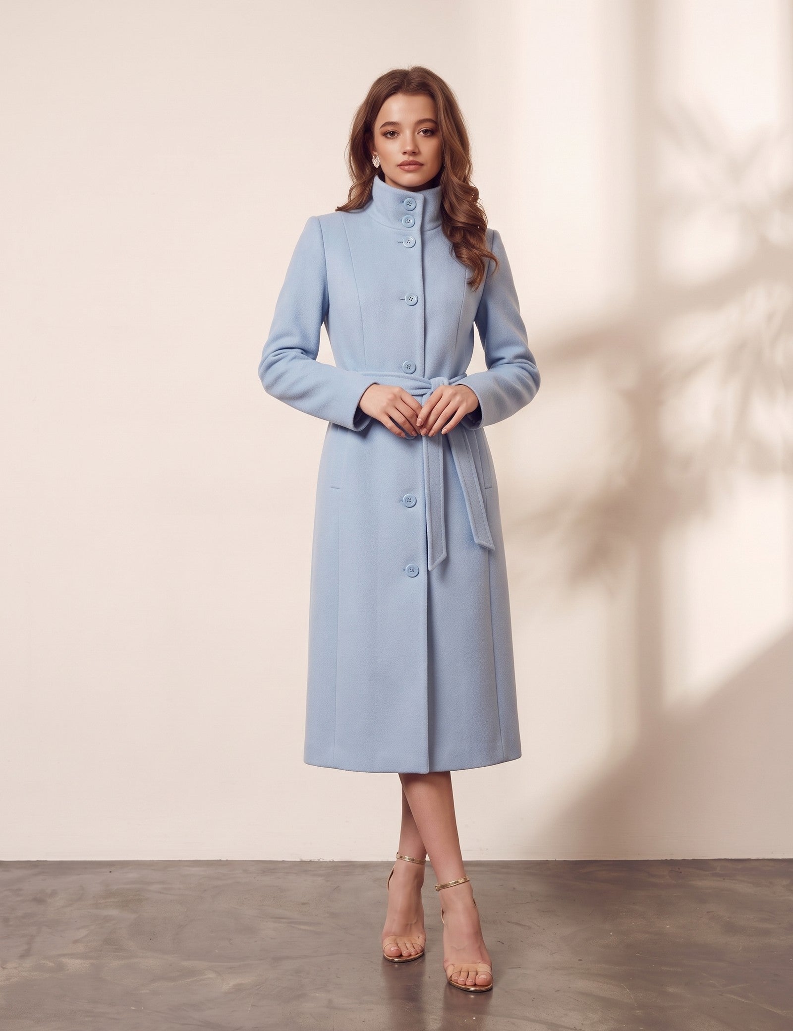 Women's Light Blue Belted Longline Coat, front view, full length