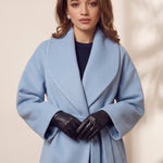 Women's Light Blue Belted Longline Coat, three-quarter view from the left, full length