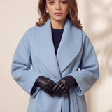 Women's Light Blue Belted Longline Coat, three-quarter view from the left, full length