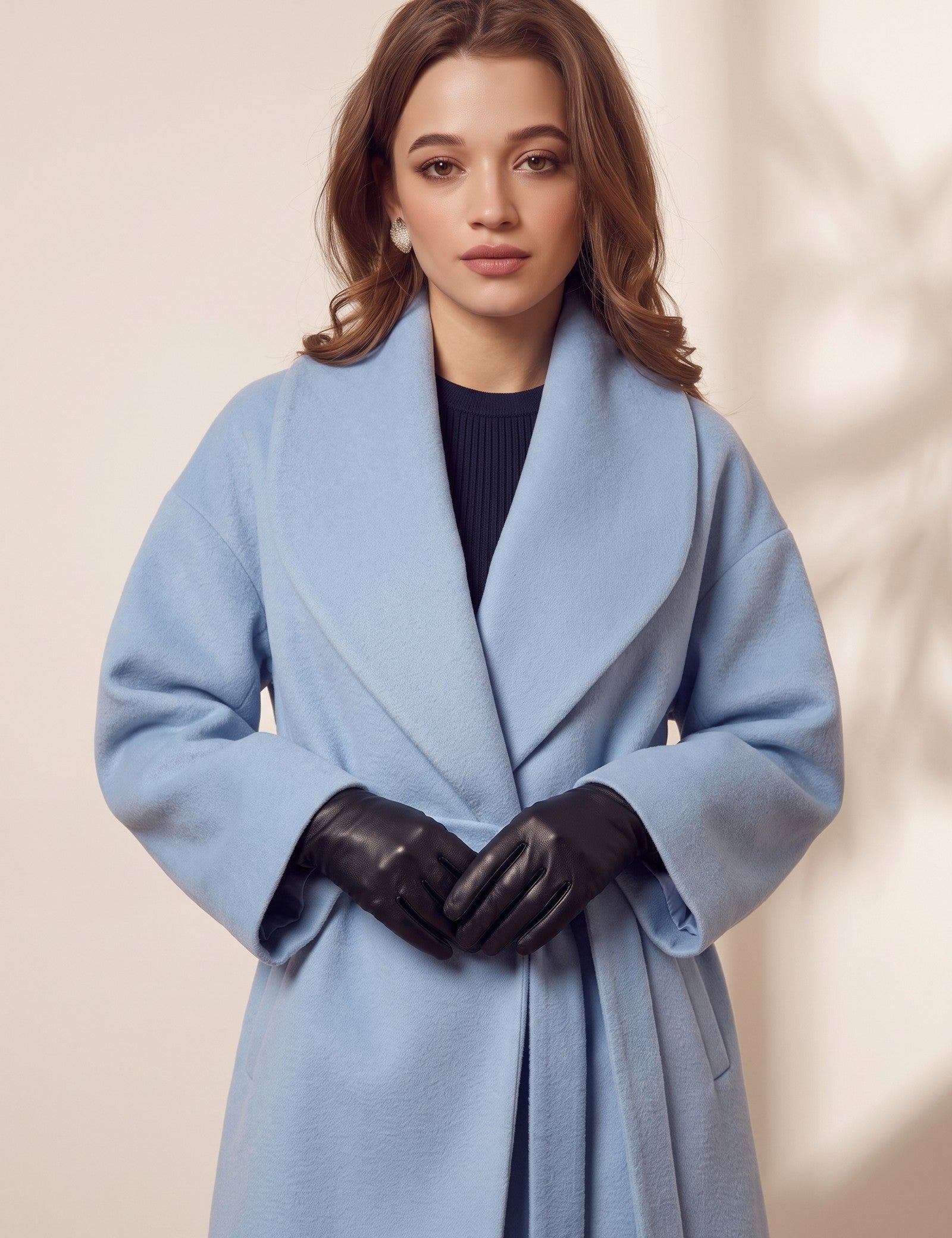 Women's Light Blue Belted Longline Coat, three-quarter view from the left, full length