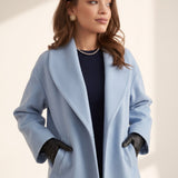 Women's Light Blue Belted Longline Coat, three-quarter view from the right, full length