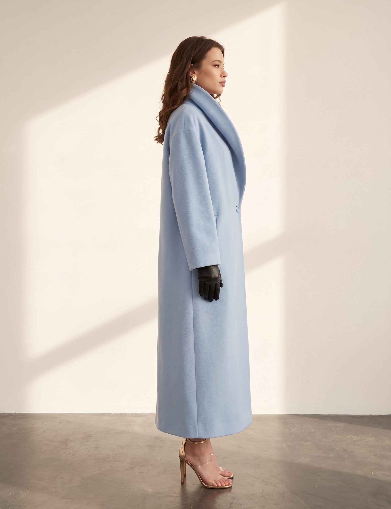 Women's Light Blue Belted Longline Coat, side view, full length