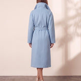Women's Light Blue Belted Longline Coat, close-up of the upper body