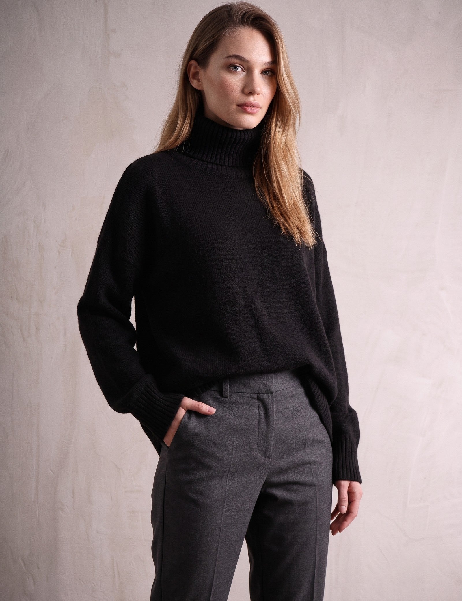 Women's Relaxed Fit Roll Neck Jumper in Black, front view, full length.