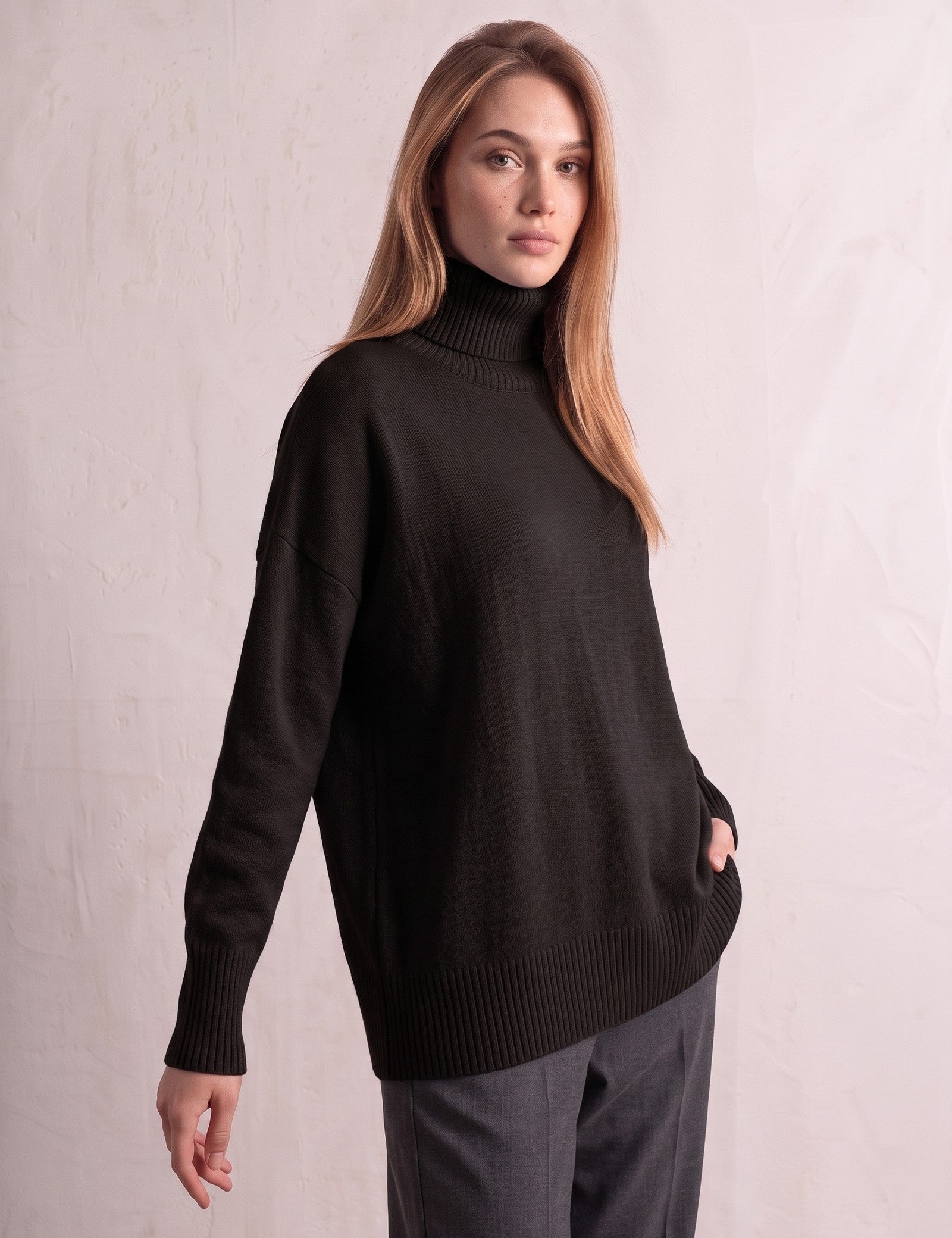 Women's Relaxed Fit Roll Neck Jumper in Black, three-quarter view from the left, full length.