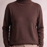 Women's Relaxed Fit Roll Neck Jumper in Brown, close-up of the upper body.