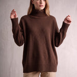 Women's Relaxed Fit Roll Neck Jumper in Brown, front view, full length.