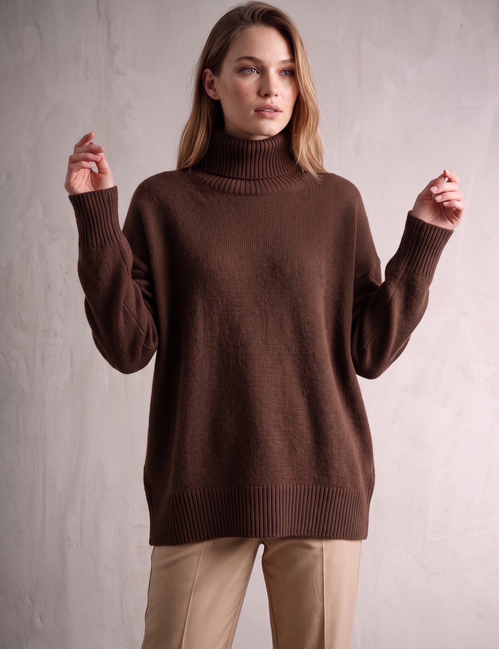 Women's Relaxed Fit Roll Neck Jumper in Brown, front view, full length.