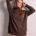 Women's Relaxed Fit Roll Neck Jumper in Brown, front view, full length.