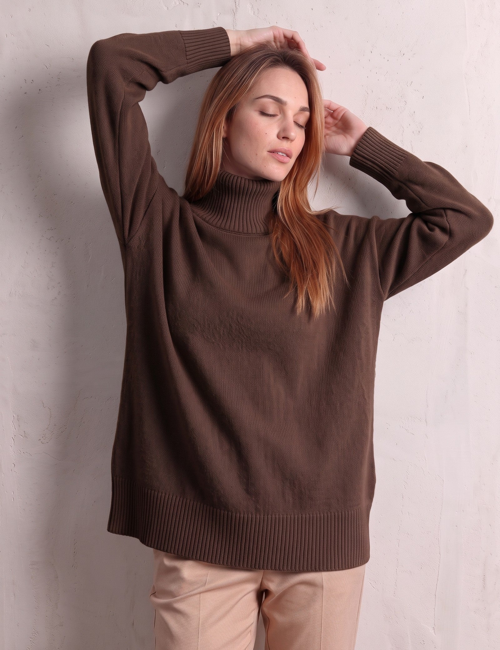 Women's Relaxed Fit Roll Neck Jumper in Brown, front view, full length.