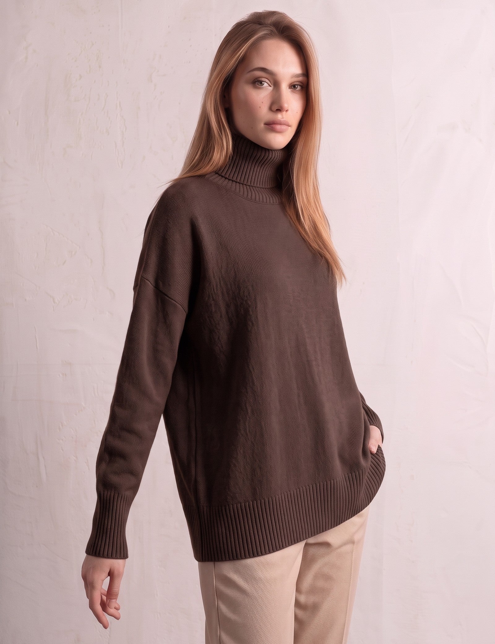 Women's Relaxed Fit Roll Neck Jumper in Brown, three-quarter view from the left, full length.