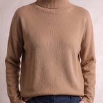 Women's Relaxed Fit Roll Neck Jumper in Camel, close-up of the upper body.