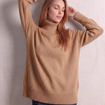 Women's Relaxed Fit Roll Neck Jumper in Camel, front view, full length.
